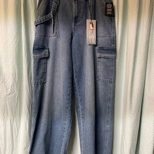 Wide Leg Cargo Denim Pants - Light Blue